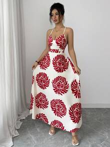 SHEIN Women's Printed Open Back Colorful Beaded Chain Decor A-Line Waist Flattering Bohemian Vacation Elegant Sweet Cute Daily Commute Fashion Date French Street Music Festival Retro Versatile Spring Summer Light Peach Red Pattern New Sleeveless Maxi Dress - Multicolor - View 6