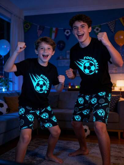 SHEIN 2pcs Teen Boy Glow-In-The-Dark Football Graphic Crew Neck Short Sleeves And Shorts Casual Comfortable Pajama Set Suitable For Leisure And Home Life, Suitable For Spring And Summer