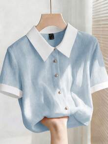 Franclia 女士优雅粉色雪纺褶皱白色领宽松短袖衬衫 - 藍色 - 查看 1