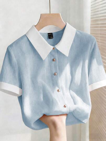 Franclia 女士优雅粉色雪纺褶皱白色领宽松短袖衬衫