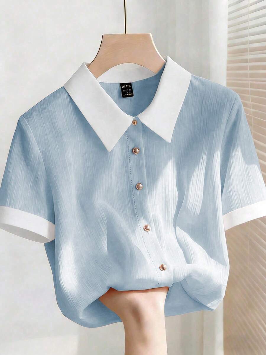 Franclia 女士优雅粉色雪纺褶皱白色领宽松短袖衬衫 - 藍色 - 查看 1