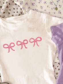 3件套少女休闲简约圆领短袖基础款T恤，BM风格，碎花图案，柔和条纹，3D蝴蝶结设计，适合春夏日常穿着、居家、度假。 - 白色 - 查看 3