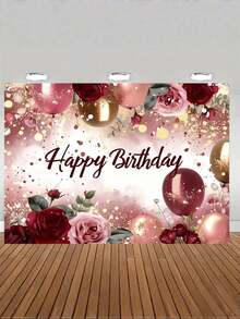 1pc Polyester Birthday Party Banner | Rose & Red Balloon Pattern, Perfect For Indoor/Outdoor Decor & Photo Backdrop - multicolor - View 7