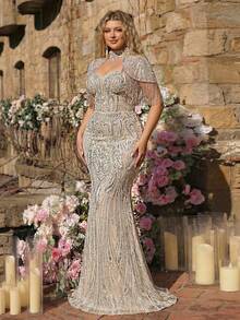 Glamrae 大码优雅奢华香槟色珠饰亮片美人鱼连衣裙，流苏袖设计，适合婚礼、派对、度假、晚宴、正式晚装（装饰繁复） - 香檳色 - 查看 7