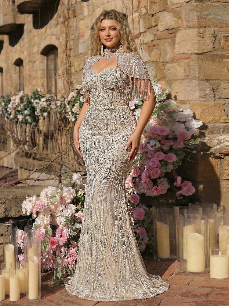 Glamrae Vestido de sirena elegante y lujoso de talla grande en color champán con cuentas y lentejuelas, con diseño de mangas con flecos, adecuado para bodas, fiestas, vacaciones, galas y eventos de etiqueta (con mucho bordado) - Champán - Añade 6