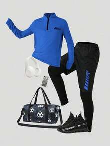 SHEIN طقم ملابس رياضية مريحة للأولاد/المراهقين الصغار، تتكون من بلوزة بياقة عالية نصف سحاب وأكمام طويلة وبنطلون، قطعتان - الأزرق - مشاهدة 1