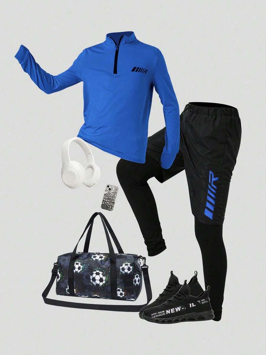 SHEIN طقم ملابس رياضية مريحة للأولاد/المراهقين الصغار، تتكون من بلوزة بياقة عالية نصف سحاب وأكمام طويلة وبنطلون، قطعتان - الأزرق - مشاهدة 1