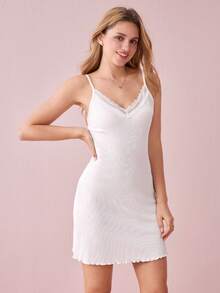 SHEIN Lace Trim Cami Pajama Nightdress - White - View 5