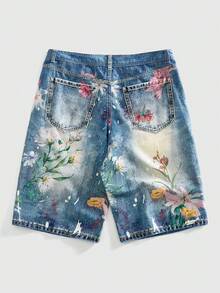 ROMWE MEN Printed Retro Loose Fit Casual Denim Shorts For Men, Summer - Blue - View 2