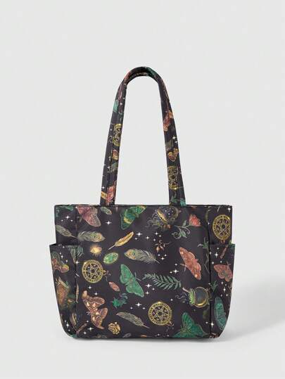 ROMWE Fairycore A Black Butterfly, Moth, Plant Pattern, Black Tote Bag, Shoulder Bag, Multi-Compartment, Large Capacity, Suitable For Back-To-School Season.