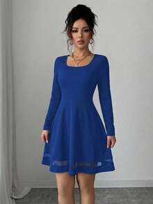 EURMUSE Mesh Detail Long Sleeve Dress - Blue - View 3