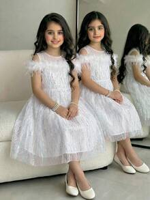 女童白色网纱亮片连衣裙，圆领无修饰羽毛优雅连衣裙，高端网纱薄纱连衣裙，适合各种场合穿着，如派对、婚礼、生日等 - 白色 - 查看 4