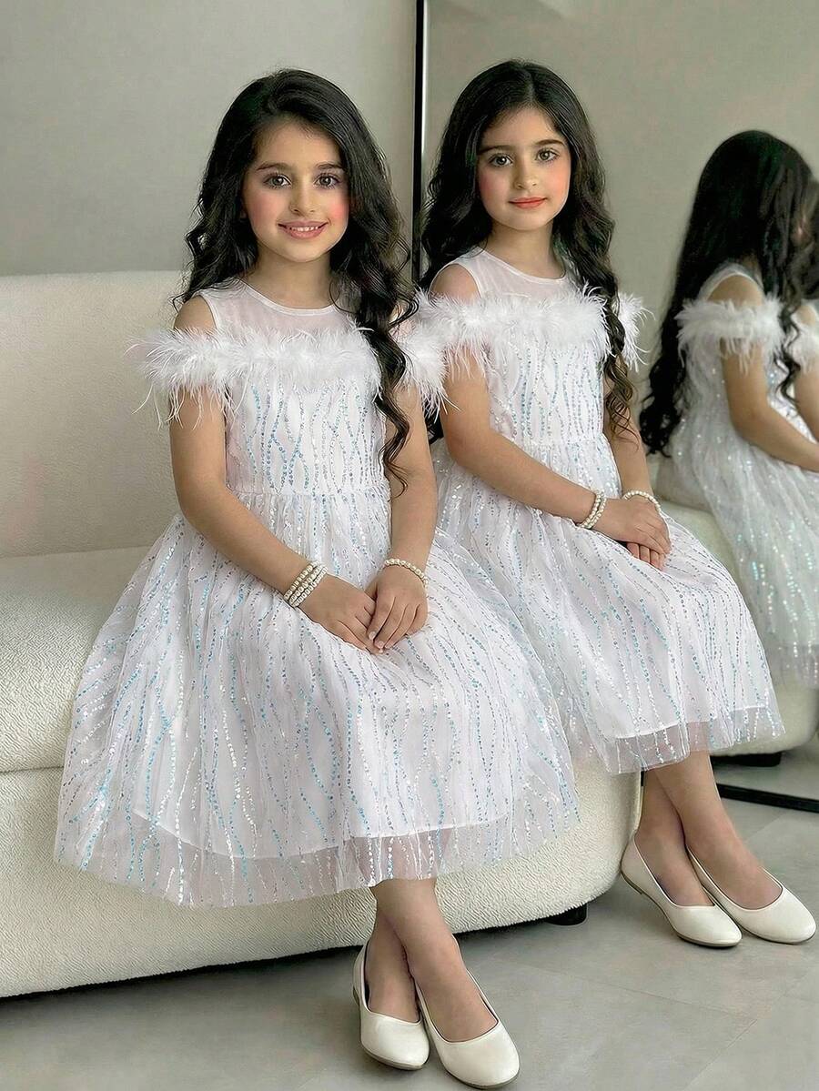 女童白色网纱亮片连衣裙，圆领无修饰羽毛优雅连衣裙，高端网纱薄纱连衣裙，适合各种场合穿着，如派对、婚礼、生日等 - 白色 - 查看 1