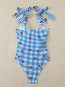 Swim Mod Women's Plaid & Strawberry Print Tie Front One-Piece Swimsuit - Multicolor - View 2