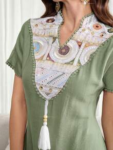 Al Najma Đầm ngắn tay cổ chữ V thanh lịch thêu sequin dành cho nữ, thích hợp cho mùa hè. - màu xanh lá - Xem 5