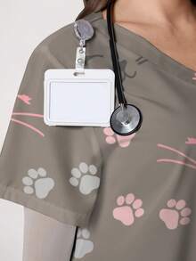 PopScrub Cute Animal Expression & Paw Print Minimalist Line Art Cartoon Print V-Neck Short Sleeve Pocket Ear Loop Split Design Plus Size Scrub Top, Spring/Summer Nurse Uniform - Multicolor - View 5
