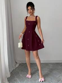 Rafferiza 女士纯色拼接宽肩带铆钉休闲连衣裙 - 中紫紅色 - 查看 4