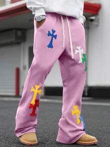 PAVTROS Men's Drawstring Waist Cross Embroidery Casual Sweatpants - Pink - View 4