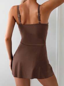 Swim Basics 女士纯色连体泳衣，适合度假和海滩穿着 - 咖啡棕 - 查看 2