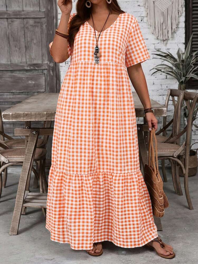 Plus Size Women's Gingham V-Neck Short Sleeve Ruffle Hem Casual Summer Dress, Simple And Fashion Style, Suitable For Summer,Casual Holiday Style, Casual Holiday Outfits, Summer Fashion, Women's Summer Outfits, Mother's Day Outfits, Country Concert Outfits, Women's Boho Outfits, Women's Western Outfits, Women's Holiday Outfits, Women Summer Clothing Women Plus Clothing Business Casual Woman S Summer Clothes Women Plus Clothing Formal