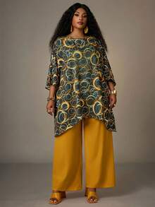 EMERY ROSE 大码女式几何图案不对称下摆衬衫和阔腿裤两件套 - 黃色 - 查看 6