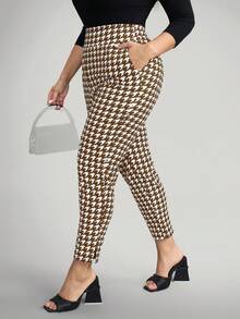 Comfylo Plus Size Houndstooth Print High Waist Slim Fit Pants - Brown - View 7
