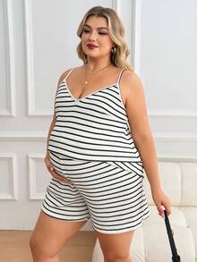 Plussiva Maternity Plus Size Summer Casual Striped Camisole And Shorts 2 Pieces Set - Black and White - View 4