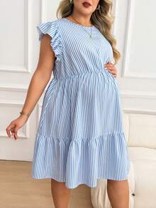 Plussiva Đầm kẻ sọc dáng rộng dành cho bà bầu cỡ lớn, thích hợp mặc mùa hè. - Màu xanh lam - Xem 4