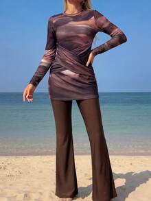 Swim Mulvari Bộ đồ bơi burkini dài tay và quần dài, màu nâu nhuộm tie-dye dành cho nữ, kiểu dáng kín đáo, phù hợp cho kỳ nghỉ hè. - màu nâu - Xem 6