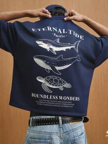 TOKVUE Men's Slogan Shark Print Round Neck Casual Short Sleeve T-Shirt - Navy Blue - View 3