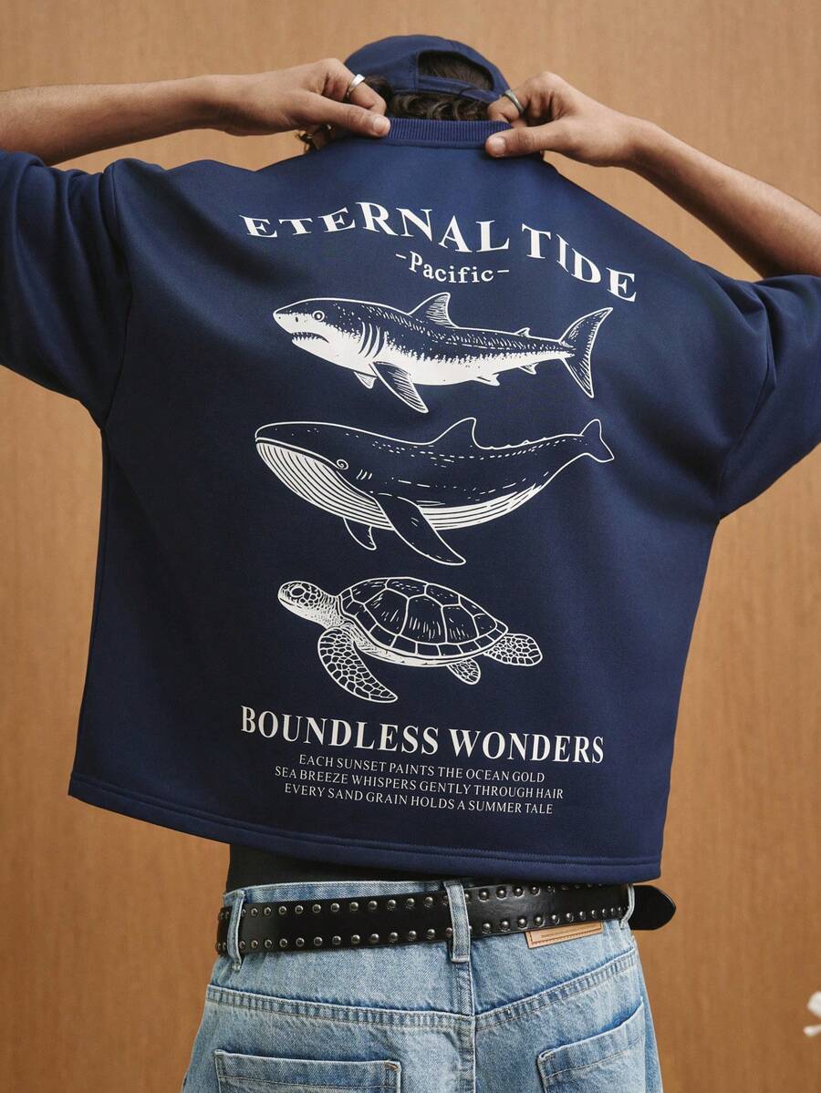 TOKVUE Men's Slogan Shark Print Round Neck Casual Short Sleeve T-Shirt - Navy Blue - View 1