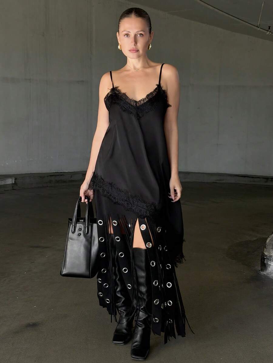 Kuleshova 女士拼接镂空流苏下摆时尚A字裙 - 黑色 - 查看 1