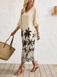 Breezaya Women's V-Neck Three-Quarter Sleeve Palm Tree Print Midi Dress,White Summer Casual Tropical Beach Vacation Holiday,Loose Flowy Resort Wear Cover Up - Apricot - View 7