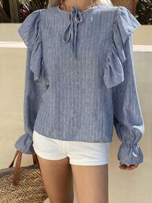 Livesso Áo sơ mi nữ dáng rộng, thắt nơ phía trước, viền bèo nhún, thích hợp cho mùa xuân và kỳ nghỉ. - Màu xanh lam - Xem 5