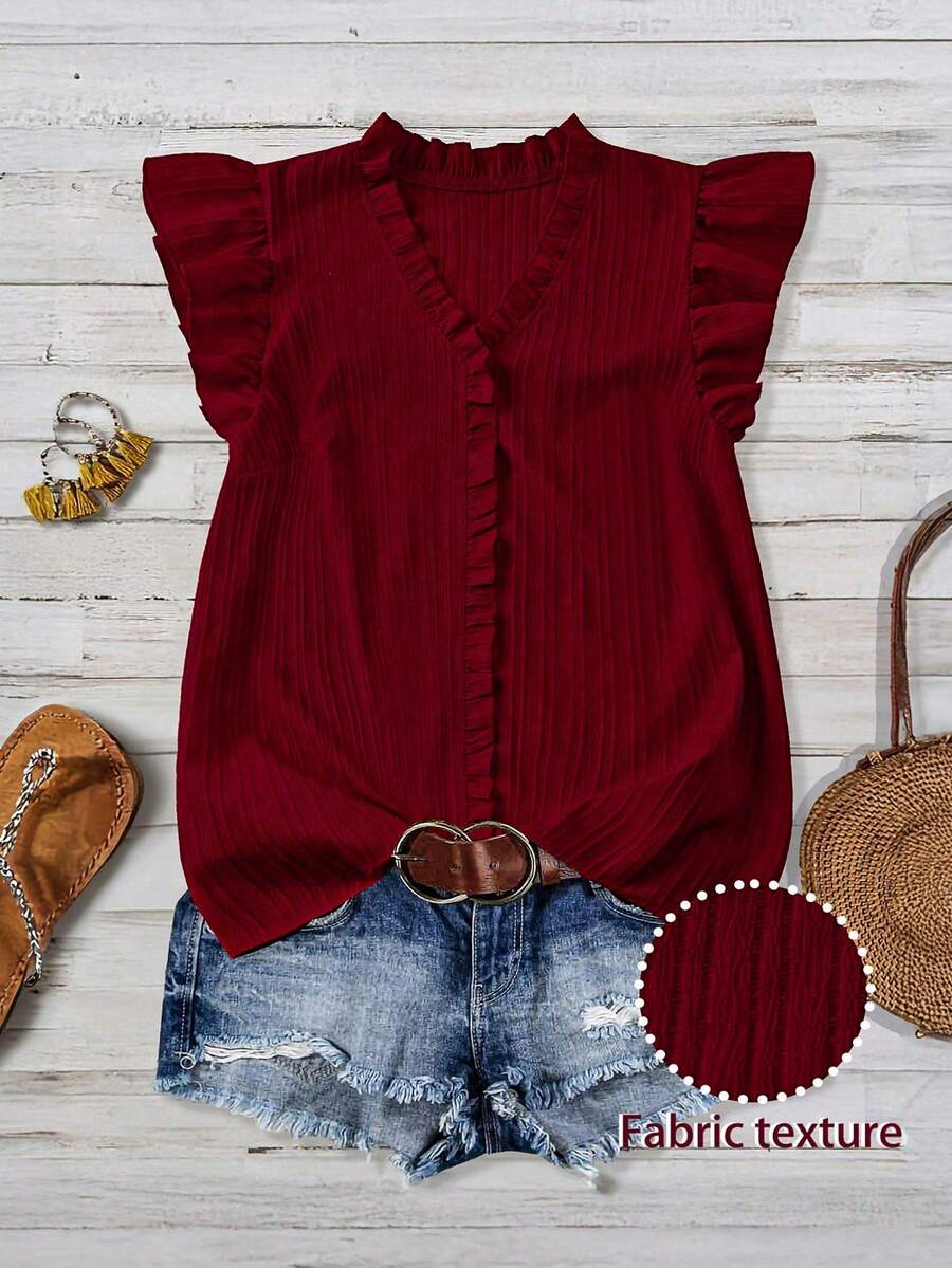 SHEIN LUNE CURVE Blusa francese taglie forti con scollo a V, bordo con volant e maniche a farfalla, romantica & snellente - Rosso - Visualizzare 1