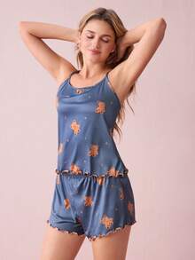 Bonmuse Conjunto de pijama de camisola y shorts con estampado de oso, estrellas y luna, bloques de color y volantes, lindo para el verano - Multicolor - Ver 4