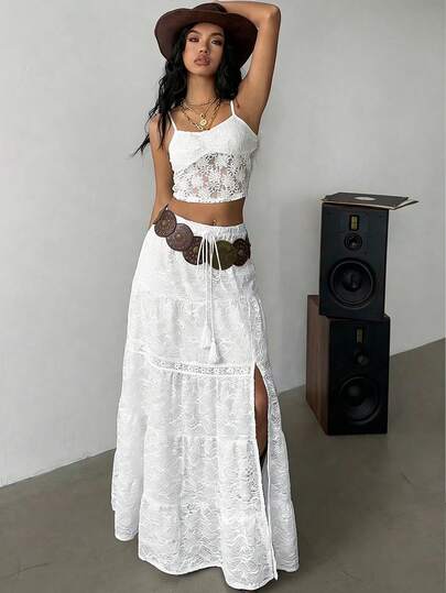 Siren Gaze 2025 Faldas de playa bohemias para mujer - Falda larga de mezcla de lino con corte alto, cintura elástica y ribete de encaje, esenciales para festivales de música y atuendos de vacaciones | Faldas de línea A de verano, atuendos de verano para mujer, atuendos de vacaciones para mujer, atuendos de playa para mujer