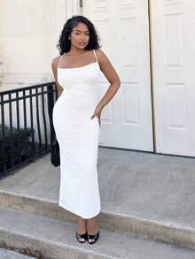 Alexandranx Elegant Romantic Apricot Spaghetti Strap V-Neck Fitted Textured Long Dress, Suitable For Valentine's Day And Wedding Season, Spring/Summer,Bodycon Dress,Boho Clothes Women - White - View 1