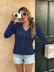 Breezaya 女士镂空薄款开衫长袖女式度假套装 女士休闲套装 女士开衫 女士夏季套装 女士春季套装 - 寶藍色 - 查看 4