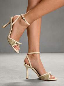 CUCCOO CHICEST 女士米色小玫瑰印花设计时尚优雅春夏优雅圆头踝带细高跟凉鞋 - 米色 - 查看 2