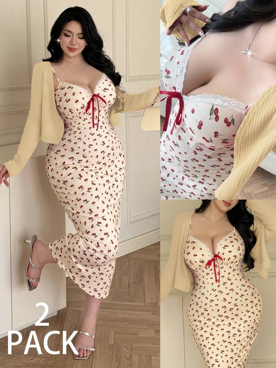 Vibekara 大码女式春夏长袖针织开衫+吊带花卉蝴蝶结腰带樱桃水果印花优雅复古可爱甜美休闲度假裹身裙两件套 - 杏色 - 查看 1