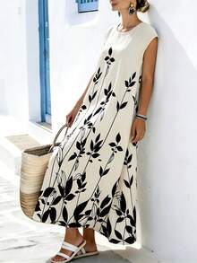 Breezaya 女士休闲度假圆领宽松A字树叶印花长连衣裙，春夏款 - 杏色 - 查看 4