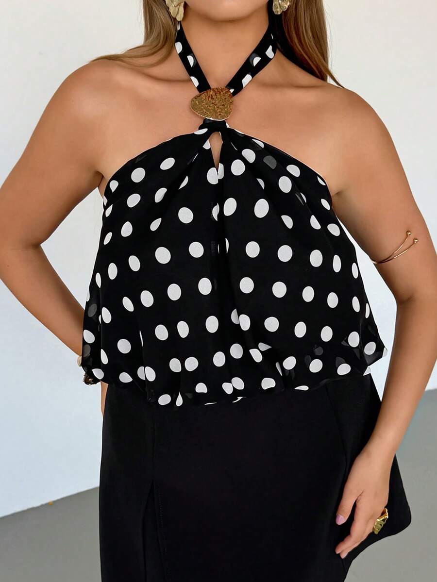 Auralis Áo camisole cỡ lớn thanh lịch in chấm bi trang trí kim loại - màu đen - Xem 1