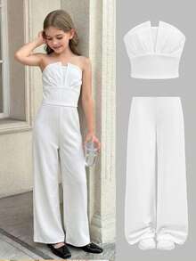 Serisse Kids Bộ đồ hai mảnh màu trắng thanh lịch dành cho bé gái tuổi teen, gồm áo croptop không dây bất đối xứng và quần ống đứng cạp cao có gọng giả. - trắng - Xem 3