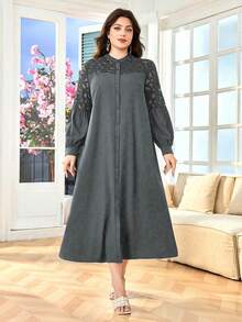 SHEIN Lacomfia 女士衬衫裙，立领长袖，刺绣镂空蕾丝拼接，宽松舒适优雅日常百搭大码阿拉伯风格 - 灰色 - 查看 4