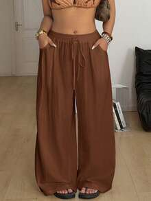 Coolane 大码休闲纯色抽绳腰宽松裤 - 棕色 - 查看 4