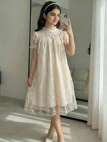 Glamorique Tween Girl Girls Elegant Lace Trim Puff Sleeve Cinched Waist Apricot Princess Dress, Summer - Apricot - View 4