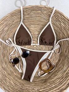 Swim Mod Bộ bikini hai mảnh màu trơn mới dành cho nữ, kiểu dáng tam giác, gợi cảm, buộc dây, phối màu tương phản. - màu nâu - Xem 3