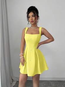 Rafferiza 女士纯色拼接宽肩带铆钉休闲连衣裙 - 淡黃色 - 查看 6