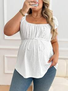 Plussiva Maternity Plus Size Solid Color Hollow-Out Textured Top - White - View 6